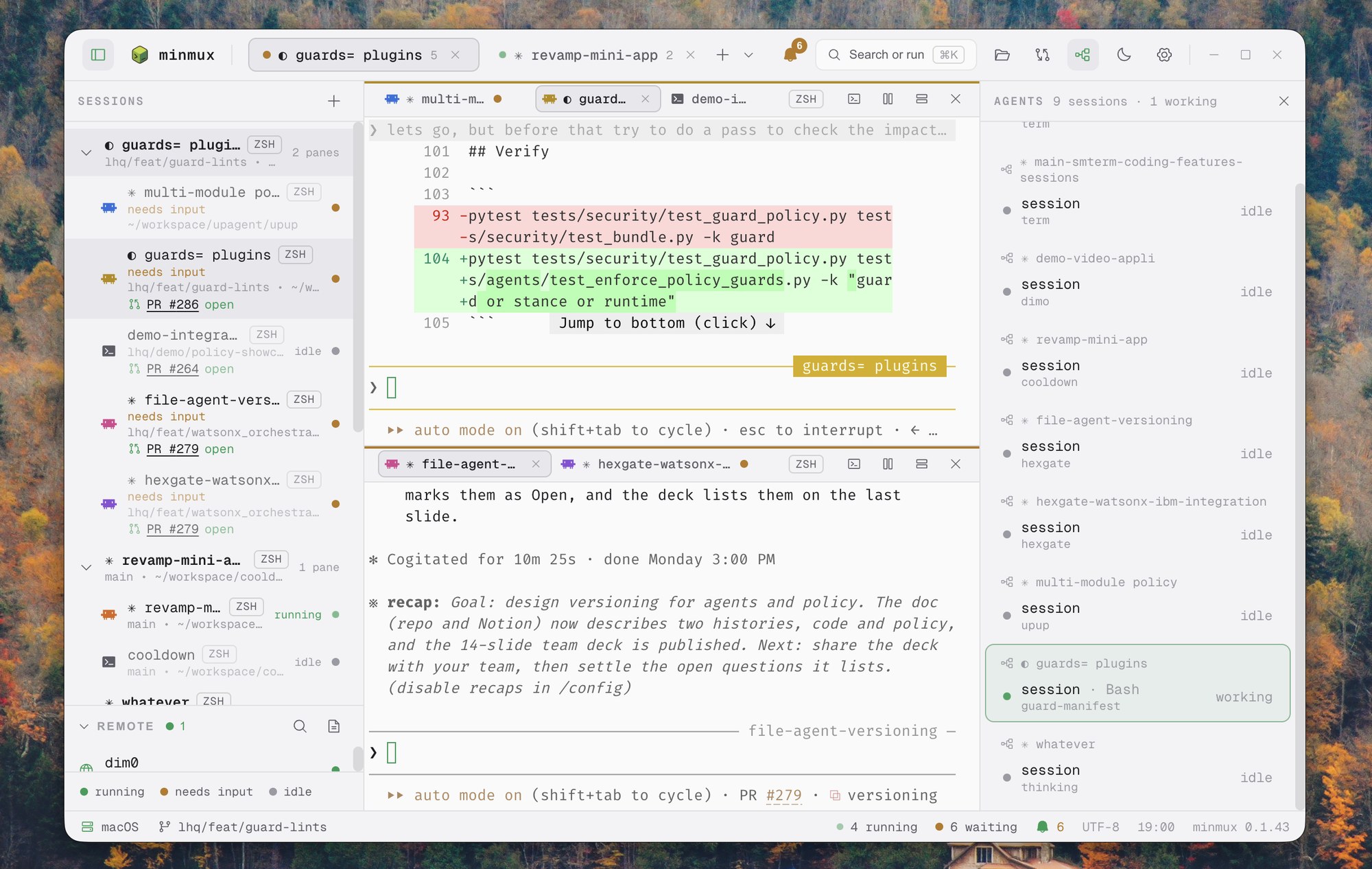 minmux with sessions in the sidebar, a diff in split panes, and the Agents board
